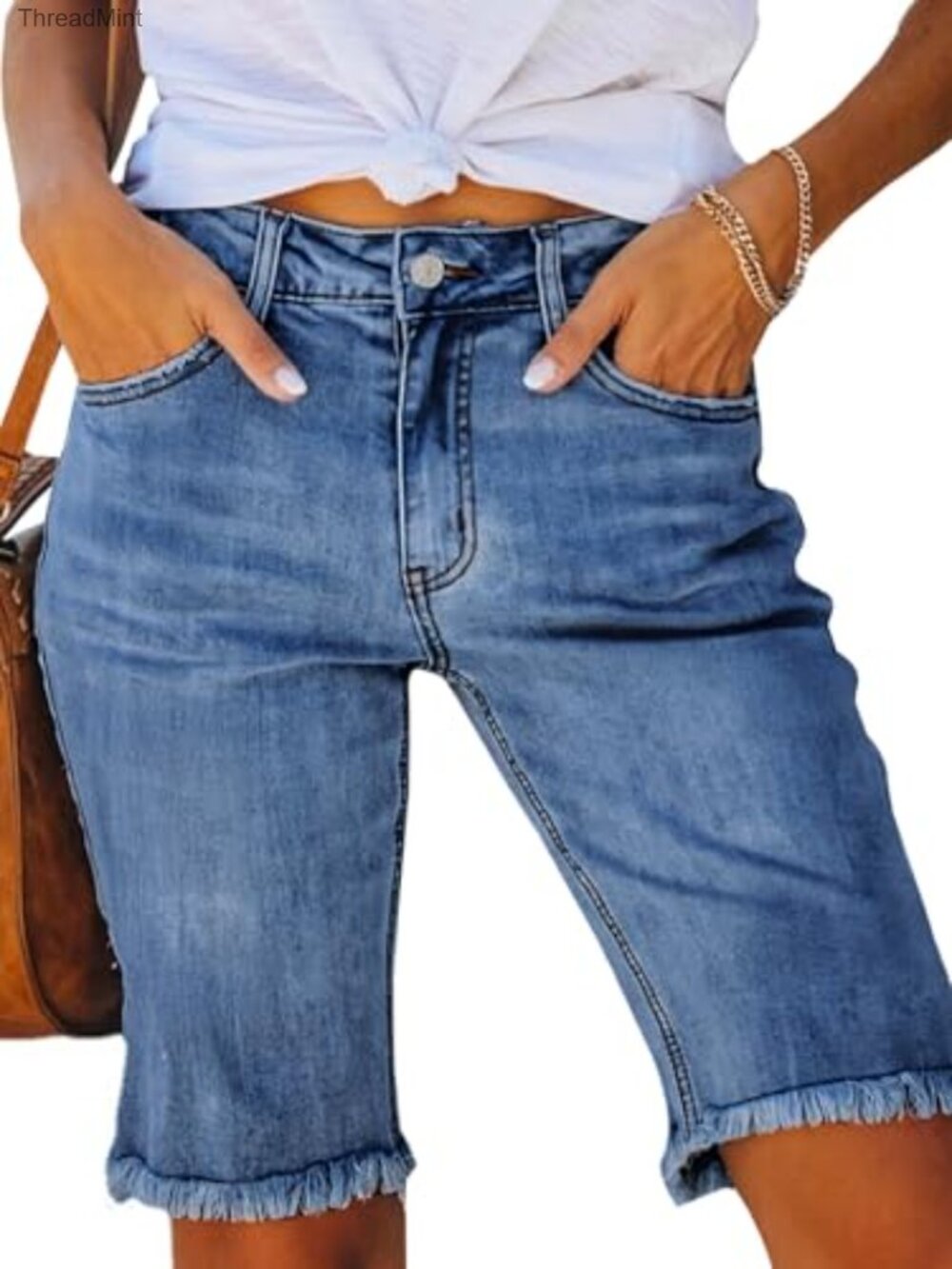 High Waist Distressed Denim Bermuda Shorts Knee Length Stretch Ripped Raw Hem